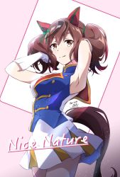 Rule 34 | 1girl, animal ears, armpits, band uniform, breasts, brown eyes, brown hair, character name, closed mouth, commentary request, cosplay, cowboy shot, dated, elbow gloves, from side, gloves, green ribbon, hair ribbon, hand in own hair, hands up, hibike! euphonium, highres, horse ears, horse girl, horse tail, light blush, light particles, looking at viewer, looking to the side, medium breasts, medium hair, miniskirt, nice nature (umamusume), nii manabu, oumae kumiko, oumae kumiko (cosplay), pink background, pleated skirt, ribbon, signature, skirt, sleeveless, smile, solo, split mouth, tail, twintails, two-tone skirt, umamusume, white gloves, white skirt
