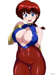 Rule 34 | 1girl, absurdres, areola slip, blue eyes, blush, bodysuit, braid, braided ponytail, breasts, cameltoe, choker, cleavage, cleavage cutout, cleft of venus, clothing cutout, cosplay, covered erect nipples, covered navel, cowboy shot, cutie honey, cutie honey (character) (cosplay), donguri2, elbow gloves, eyeshadow, genderswap, genderswap (mtf), gloves, heart, heart choker, highres, isngle braid, large breasts, lipstick, long hair, makeup, nipple slip, nipples, open mouth, ponytail, ranma-chan, ranma 1/2, red hair, saotome ranma, shiny clothes, shiny skin, solo, thigh gap