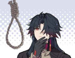 Rule 34 | 1boy, :|, black gloves, blade (honkai: star rail), chinese clothes, closed mouth, earrings, gloves, honkai: star rail, honkai (series), jewelry, long hair, male focus, man looking at noose (meme), meme, noose, parted bangs, red eyes, rope, san ystr, simple background, solo, thinking, upper body