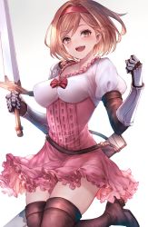 Rule 34 | 1girl, :d, arm guards, blush, bob cut, boots, breasts, brown eyes, brown gloves, brown hair, collarbone, djeeta (granblue fantasy), elbow gloves, gloves, granblue fantasy, hair intakes, hairband, high-waist skirt, highres, holding, holding sword, holding weapon, jumping, looking at viewer, medium breasts, open mouth, pink skirt, puffy short sleeves, puffy sleeves, red hairband, red ribbon, ribbon, sheath, shirt, short hair, short sleeves, simple background, skirt, smile, snm (sunimi), solo, swept bangs, sword, thigh boots, thighhighs, weapon, white background, white shirt, zettai ryouiki