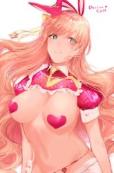 Rule 34 | 1girl, blonde hair, bow, bowtie, breasts, cleavage, destiny child, green eyes, heart, heart pasties, highres, large breasts, meme attire, milk4290, navel, pasties, rabbit ears, reverse bunnysuit, reverse outfit, solo, teiwaz (destiny child)