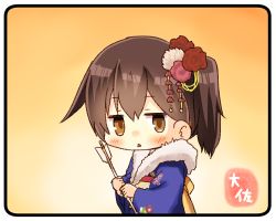 Rule 34 | 1girl, alternate costume, arrow (projectile), artist name, blush, brown eyes, brown hair, commentary request, hair between eyes, hair ornament, hamaya, holding, holding arrow, japanese clothes, kaga (kancolle), kantai collection, long sleeves, obi, parted lips, sash, short hair, side ponytail, solo, taisa (kari), wide sleeves