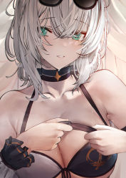 Rule 34 | 1girl, absurdres, bare shoulders, betabeet, bikini, black choker, braid, breasts, chest harness, chest strap, choker, cleavage, detached sleeves, eyewear on head, french braid, front-tie bikini top, front-tie top, green eyes, harness, highres, hololive, hololive fantasy, large breasts, shirogane noel, shirogane noel (summer 2020), short hair, silver hair, sunglasses, swimsuit, underwear, upper body, virtual youtuber, wavy hair