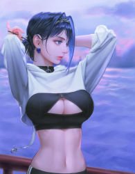 Rule 34 | 1girl, absurdres, black bra, blue eyes, blue hair, bra, breasts, chain, cleavage cutout, clothing cutout, cropped hoodie, d 9en9, hands up, highres, hololive, hololive english, hood, hood down, hoodie, large breasts, linea alba, medium hair, navel, ocean, ouro kronii, parted lips, ponytail, red lips, solo, toned, triangle cutout, tying hair, underwear, virtual youtuber, white hoodie