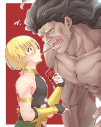Rule 34 | 2boys, black hair, blonde hair, blush, earrings, fate/grand order, fate (series), food, food in mouth, goshipiumu, green eyes, heracles (fate), highres, jason (fate), jewelry, long hair, male focus, messy hair, mouth hold, multiple boys, muscular, muscular male, necklace, pocky, vambraces, yaoi