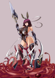 Rule 34 | 1girl, armor, asymmetrical legwear, bare shoulders, black leotard, blush, boots, breasts, clenched hand, clothing aside, covered collarbone, covered navel, curvy, elbow gloves, female focus, full body, gauntlets, gloves, greaves, hair ribbon, hand up, high heels, highleg, highleg leotard, holding, holding weapon, huge breasts, kunai, leotard, leotard aside, looking at viewer, medium hair, mizuki shiranui, monalica, naginata, polearm, red eyes, ribbon, shiny clothes, shiny skin, simple background, skin tight, smile, solo, standing, taimanin (series), taimanin yukikaze, tentacle pit, tentacle sex, tentacles, thighhighs, thighs, weapon