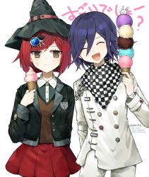 Rule 34 | 1boy, 1girl, arm behind back, artist name, black hair, black headwear, black jacket, breasts, checkered clothes, checkered scarf, closed eyes, closed mouth, commentary, dalrye v3, danganronpa (series), danganronpa v3: killing harmony, facing viewer, food, gem, hair between eyes, hair ornament, hairclip, hand up, hat, holding, ice cream, ice cream cone, jacket, long hair, long sleeves, looking at viewer, medium breasts, open mouth, oma kokichi, pants, pleated skirt, purple eyes, purple hair, red eyes, red hair, red skirt, scarf, school uniform, shirt, short hair, skirt, smile, straitjacket, sweatdrop, symbol-only commentary, translation request, white pants, white shirt, witch hat, yumeno himiko