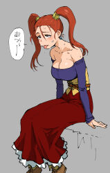 Rule 34 | 1girl, breasts, cleavage, dragon quest, dragon quest viii, henriiku (ahemaru), highres, jessica albert, large breasts, long skirt, off shoulder, sitting, skirt, solo, sweat, tired eyes, twintails