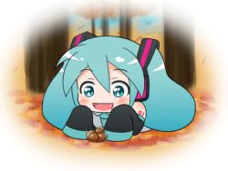 Rule 34 | 1girl, :d, ^ ^, acorn, animated, animated gif, aqua eyes, aqua hair, chibi, closed eyes, detached sleeves, happy, hatsune miku, lying, mameshiba (pixiv 59310), musical note, open mouth, smile, solo, twintails, vocaloid