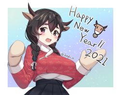 Rule 34 | 2021, animal ears, animal print, artist name, black eyes, black hair, black skirt, blue background, blush, border, braid, breasts, commentary request, cow ears, cow horns, cow print, floral print, hair between eyes, hanbok, happy new year, highres, horns, jungki dr, korean clothes, large breasts, looking at viewer, mittens, new year, open mouth, original, pleated skirt, skirt, solo, twin braids, upper body, white border