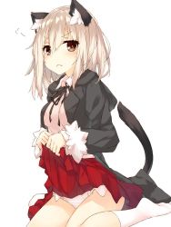 Rule 34 | 1girl, animal ear fluff, animal ears, blush, brown eyes, cat ears, cat tail, clothes lift, fur trim, highres, hood, hood down, lifting own clothes, long sleeves, no shoes, original, panties, red skirt, saeki touma, simple background, sitting, skirt, skirt lift, solo, tail, underwear, wariza, white background, white hair, white legwear, white panties
