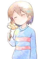 Rule 34 | 1girl, blue sweater, brown hair, closed eyes, closed mouth, flower, frisk (undertale), head tilt, holding, holding flower, long sleeves, short hair, simple background, striped clothes, striped sweater, sweater, undertale, upper body, white background, xox xxxxxx, yellow flower