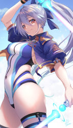 Rule 34 | 1girl, blue bow, blue jacket, blue one-piece swimsuit, blush, bow, breasts, competition swimsuit, dual wielding, energy sword, fate/grand order, fate (series), fukai ryosuke, hair between eyes, hair bow, highleg, highleg swimsuit, highres, holding, jacket, long hair, looking at viewer, medium breasts, one-piece swimsuit, open clothes, open jacket, ponytail, red eyes, short sleeves, silver hair, smile, solo, swimsuit, sword, thighs, tomoe gozen (fate), tomoe gozen (swimsuit saber) (fate), tomoe gozen (swimsuit saber) (first ascension) (fate), two-tone swimsuit, weapon, white one-piece swimsuit
