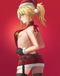 Rule 34 | 1girl, arched back, ass, back, bare arms, bare shoulders, belt, blonde hair, box, braid, breasts, fate/apocrypha, fate (series), from side, gift, gift box, green eyes, grin, hat, highres, long hair, looking at viewer, looking to the side, meme attire, mordred (fate), mordred (fate/apocrypha), ponytail, profile, red background, red sweater, santa hat, sideboob, simple background, small breasts, smile, solo, sweater, teeth, thighs, tonee, virgin killer sweater