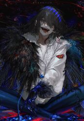 Rule 34 | 1boy, ant, arthropod boy, au (d elete), black hair, blood, blue eyes, blue pants, bug, butterfly, centipede, claws, cloak, collar, collared shirt, crown, dark persona, diamond hairband, evil smile, eyes visible through hair, fate/grand order, fate (series), feather boa, frilled collar, frills, gradient butterfly, highres, insect, insect wings, long sleeves, looking at viewer, male focus, medium hair, oberon (fate), oberon (third ascension) (fate), official alternate costume, official alternate hair color, open mouth, pants, puffy sleeves, shirt, sitting, smile, solo, spoilers, tassel, teeth, text background, white shirt, wings