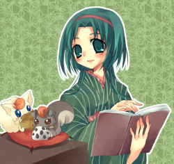 Rule 34 | 00s, 1girl, akimoto komachi, animal, asa no ha (pattern), blush, book, coco (precure 5), eating, green background, green eyes, green hair, green theme, hairband, japanese clothes, kimono, looking at viewer, nuts, open book, outline, pillow, precure, striped, suzushiro kurumi, vertical stripes, yes! precure 5