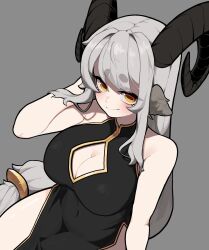 Rule 34 | 1girl, animal ears, black dress, black horns, bolt (min lona), breasts, china dress, chinese clothes, cleavage, cleavage cutout, clothing cutout, covered navel, dress, goat ears, goat girl, goat horns, grey hair, highres, horizontal pupils, horns, impossible clothes, large breasts, long hair, looking at viewer, low-tied long hair, min lona, original, simple background, sleeveless, sleeveless dress, solo, very long hair, yellow eyes