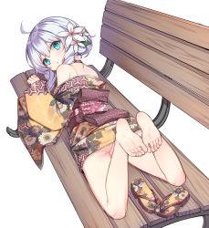 Rule 34 | 1girl, :o, ahoge, anus, anus peek, ass, bad id, bad pixiv id, bare legs, bare shoulders, barefoot, bench, blue eyes, blush, brown footwear, brown kimono, choker, commentary request, feet, female focus, floral print, flower, full body, hair between eyes, hair flower, hair ornament, hand up, highres, japanese clothes, kimono, legs, long hair, long sleeves, looking at viewer, looking back, lying, no panties, obi, off shoulder, on bench, on stomach, park bench, parted lips, print footwear, print kimono, red choker, sandals, sash, shoes, unworn shoes, short kimono, sidelocks, silver hair, simple background, sleeves past wrists, soles, solo, soulworker, stella unibell, tama (tamatamo), the pose, toenails, toes, white background, white flower, wide sleeves
