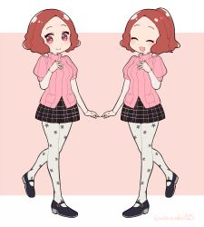 Rule 34 | 10s, 1girl, 2girls, :d, ^ ^, alternate hairstyle, blush, brown eyes, brown hair, closed eyes, commentary request, do m kaeru, dual persona, floral print, mary janes, multiple girls, okumura haru, open mouth, pantyhose, persona, persona 5, pink sweater, plaid, plaid skirt, ponytail, ribbed sweater, school uniform, shoes, short hair, shuujin academy school uniform, skirt, smile, sweater, twitter username, white pantyhose