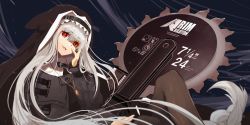 Rule 34 | 1girl, arknights, capelet, chain, chain necklace, circular saw, coat, grey capelet, grey coat, habit, highres, jewelry, long hair, long sleeves, looking at viewer, necklace, nun, open mouth, red eyes, saw, silver hair, smile, solo, specter (arknights), yuki ahiru