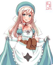 Rule 34 | 10s, 1girl, apron, aqua hat, bag, bare shoulders, beret, blonde hair, blue dress, blue eyes, blue hat, clothes lift, commentary request, cosplay, cowboy shot, dated, detached collar, dress, dress lift, gloves, hat, highres, kanon (kurogane knights), kantai collection, lifting own clothes, logo, long hair, look-alike, looking at viewer, senran kagura, simple background, solo, trait connection, u-511 (kancolle), white apron, white background, white gloves, yomi (senran kagura)