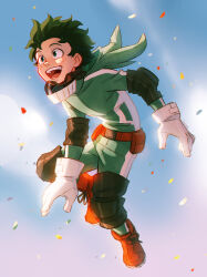 Rule 34 | 1boy, absurdres, artist name, boku no hero academia, boots, chalseu, commentary, elbow pads, english commentary, freckles, full body, gloves, green eyes, green hair, highres, hood, hood down, knee pads, male focus, midoriya izuku, open mouth, pouch, signature, smile, solo, superhero costume, white gloves