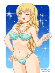 Rule 34 | 1girl, ;d, bikini, blonde hair, blush, breasts, cleavage, drill hair, hand on own hip, long hair, looking at viewer, medium breasts, navel, noel jaune beart, one eye closed, open mouth, school girl strikers, shimeta hiromitsu, smile, solo, star (symbol), stomach, swimsuit, yellow eyes