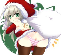 Rule 34 | 1girl, ass, bare shoulders, bent over, blush, christmas, elbow gloves, from behind, gloves, green eyes, hat, kuronekogata, long hair, looking back, original, panties, panty pull, red gloves, ribbon, santa costume, santa hat, solo, striped clothes, striped panties, thighhighs, twintails, underwear