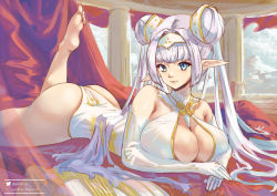 Rule 34 | 1girl, absurdres, ass, bare shoulders, barefoot, blue eyes, blush, breasts, britomart (fate), britomart (final ascension) (fate), center opening, cleavage, cleavage cutout, clothing cutout, double bun, elbow gloves, fate/grand order, fate (series), genthus, gloves, gold trim, grey hair, hair bun, hairband, highleg, highleg swimsuit, highres, large breasts, long hair, lying, on stomach, one-piece swimsuit, pointy ears, smile, solo, swimsuit, thighs, twintails, two-tone swimsuit, very long hair, white gloves, white one-piece swimsuit, yellow one-piece swimsuit