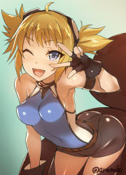 Rule 34 | 10s, 1girl, ;d, ahoge, arched back, artist name, ass, bare shoulders, belt, bent over, blonde hair, blue eyes, bodysuit, brown gloves, covered navel, fang, gloves, goggles, gradient background, granblue fantasy, one eye closed, open mouth, pengie, short shorts, shorts, skin tight, smile, solo, takeda aranobu, w