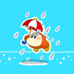 Rule 34 | arm up, blue background, blush, blush stickers, commentary request, floating, holding, holding umbrella, kirby (series), nintendo, no humans, outline, parasol, rain, satojoyu, simple background, solo, star (symbol), umbrella, waddle dee, water drop, white outline