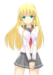 Rule 34 | 1girl, bad id, bad pixiv id, blonde hair, breasts, breasts squeezed together, female focus, green eyes, kuro (be ok), original, own hands clasped, own hands together, school uniform, serafuku, simple background, solo, white background