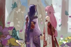 Rule 34 | 2girls, braid, bug, butterfly, day, detached sleeves, earrings, flower, from behind, genshin impact, hair ornament, highres, insect, japanese clothes, jewelry, kimono, long hair, low-tied long hair, multiple girls, outdoors, pink hair, purple flower, purple hair, raiden shogun, single braid, tourou 7, tree, very long hair, wide sleeves, yae miko, yellow flower