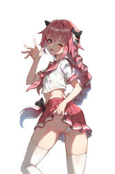 Rule 34 | 1boy, ;p, ass, astolfo (fate), astolfo (sailor paladin) (fate), bad id, bad pixiv id, black bow, blush, bow, braid, clothes lift, fate/grand order, fate (series), from behind, hair intakes, highres, lifting own clothes, long braid, long hair, looking at viewer, looking back, male focus, midriff, miniskirt, multicolored hair, neckerchief, official alternate costume, one eye closed, panties, pink hair, pink neckerchief, pink sailor collar, pink skirt, purple eyes, sailor collar, school uniform, serafuku, short sleeves, single braid, skirt, skirt lift, streaked hair, thighhighs, tongue, tongue out, trap, underwear, very long hair, white legwear, white panties, ziko