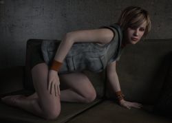 Rule 34 | 1girl, 3d, all fours, arm support, artist request, barefoot, breasts, full body, heather mason, highres, jacket, lips, looking at viewer, medium breasts, short hair, silent hill, silent hill (series), silent hill 3, skirt, sleeveless, sleeveless turtleneck, solo, turtleneck, vest, wristband