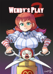 Rule 34 | 1girl, braid, breasts, child&#039;s play, clown, copyright parody, cowboy shot, dress, facing viewer, freckles, gradient background, green eyes, highres, jack-in-the-box, large breasts, mcdonald&#039;s, parody, product girl, red hair, ronald mcdonald, scissors, shepherd0821, simple background, smile, solo, striped clothes, striped dress, striped sleeves, twin braids, twintails, vertical stripes, wendy&#039;s, wendy (wendy&#039;s)