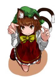 Rule 34 | 1girl, animal ears, blush, bow, bowtie, brown eyes, brown hair, cat ears, cat tail, chen, full body, green hat, hat, kneeling, long sleeves, multiple tails, saitou (uzizane), shoes, short hair, simple background, smile, solo, tail, touhou, white background