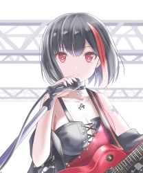 Rule 34 | 1girl, bad id, bad pixiv id, bang dream!, black choker, black corset, black hair, black jacket, blouse, breasts, choker, cleavage, commentary request, corset, earrings, electric guitar, eyelashes, guitar, highres, holding, holding microphone, instrument, jacket, jewelry, large breasts, looking at viewer, microphone, microphone stand, mitake ran, multicolored hair, necklace, off shoulder, open clothes, open jacket, red eyes, red hair, red skirt, shirt, short hair, skirt, solo, streaked hair, tattoo, torn clothes, torn shirt, totosionz, upper body, white background