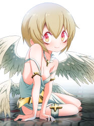 Rule 34 | 1girl, absurdres, angel, angel wings, arm support, bare shoulders, blonde hair, blush, breasts, cleavage, closed mouth, cross, cross necklace, highres, jashin-chan dropkick, jewelry, looking at viewer, multicolored eyes, necklace, pekora (jashin-chan dropkick), red eyes, sat-c, shiny skin, short hair, simple background, small breasts, smile, solo, white background, wings, yellow eyes