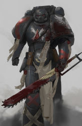 Rule 34 | 1boy, absurdres, adeptus astartes, armor, black armour, blood, blood angels, blood on clothes, bloody weapon, breastplate, commentary request, death company, full armor, gauntlets, helmet, highres, holding, holding sword, holding weapon, leg armor, looking at viewer, male focus, nn128841, pouch, power armor, red visor, science fiction, solo, sword, tabard, warhammer 40k, weapon