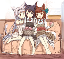 Rule 34 | + +, 3girls, :d, animal ears, apple, bare legs, bare shoulders, basket, black dress, black hair, blush, bow, bowtie, brown dress, brown eyes, brown hair, cat ears, cat tail, chestnut mouth, couch, detached collar, dress, food, foot dangle, fox ears, fox tail, frills, fruit, girl sandwich, hair ornament, hairband, hairclip, headband, heart, heart-shaped pupils, highres, holding, holding food, holding fruit, indoors, lolita hairband, long hair, long sleeves, looking at viewer, multiple girls, off-shoulder dress, off shoulder, on couch, open mouth, original, petticoat, sakura ani, sandwiched, sash, shirt, short hair, side-by-side, sitting, sketch, sleeveless, sleeveless dress, smile, symbol-shaped pupils, tail, teeth, white hair, white shirt