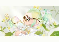 Rule 34 | 1girl, absurdres, blonde hair, brown-framed eyewear, closed mouth, collared shirt, commentary request, flower, glasses, gradient hair, green eyes, green hair, hair flower, hair ornament, highres, holding, holding weapon, itiya1412, letterboxed, long hair, multicolored hair, neck ribbon, nintendo, octoling, octoling girl, octoling player character, pink hair, ponytail, profile, ribbon, round eyewear, shirt, sideways glance, signature, smile, solo, splatoon (series), splattershot (splatoon), suction cups, tentacle hair, upper body, weapon, white flower, white shirt, yellow flower, yellow ribbon