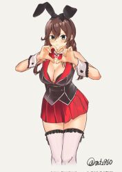 Rule 34 | 1girl, alternate costume, animal ears, bare shoulders, bow, bowtie, braid, breasts, brown hair, cleavage, cowboy shot, detached collar, fake animal ears, green eyes, heart, heart hands, highres, kantai collection, large breasts, leotard, long hair, looking at viewer, mochizou, noshiro (kancolle), playboy bunny, rabbit ears, red skirt, skirt, smile, solo, thighhighs, twin braids, twitter username, vest, white thighhighs