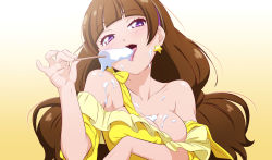 Rule 34 | 1girl, amanogawa kirara, blunt bangs, breasts, brown hair, cleavage, collarbone, dress, earrings, food, food on body, food on face, fuchi (nightmare), go! princess precure, gradient background, highres, holding, holding food, jewelry, licking, long hair, medium breasts, naughty face, open mouth, popsicle, precure, purple eyes, sexually suggestive, smile, solo, star (symbol), star earrings, tongue, tongue out, upper body, yellow background, yellow dress