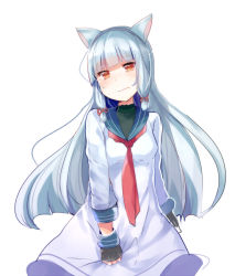 Rule 34 | 10s, 1girl, animal ears, bad id, bad pixiv id, blush, cat ears, dress, fingerless gloves, gloves, hair ornament, hair ribbon, kantai collection, long hair, murakumo (kancolle), personification, red eyes, ribbon, sailor dress, silver hair, simple background, solo, uiroutsuji yumihiko, white background