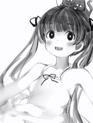 Rule 34 | 1girl, :d, anquette-chan (nanashi), bad id, bad pixiv id, bare shoulders, blush, bright pupils, cat, dress, greyscale, hair ribbon, highres, long hair, looking at viewer, monochrome, nanashi (nlo), open mouth, original, ribbon, simple background, smile, solo, sundress, twintails, upper body, white background