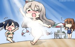 Rule 34 | &gt; &lt;, 3girls, alcohol, beach, bikini, unworn bikini, black hair, blush, bottle, breasts, brown eyes, brown hair, censored nipples, chair, chibi, commentary, dated, day, closed eyes, facing viewer, fumizuki (kancolle), grey hair, hair between eyes, hamu koutarou, highres, kantai collection, light censor, long hair, multiple girls, nose blush, nude, one-piece swimsuit, open mouth, outdoors, phone, pola (kancolle), ponytail, running, school swimsuit, sky, souryuu (kancolle), sunlight, swimsuit, table, twintails, umbrella, undressing