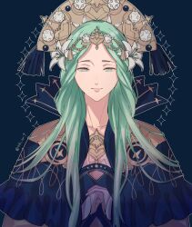 Rule 34 | 1girl, 4ki ori9, blue background, blue capelet, capelet, closed mouth, commentary request, dress, fire emblem, fire emblem: three houses, flower, green eyes, green hair, hair flower, hair ornament, half-closed eyes, hat, highres, lips, long hair, long sleeves, looking at viewer, nintendo, own hands together, pink lips, rhea (fire emblem), simple background, solo, twitter username, very long hair, white dress, white flower