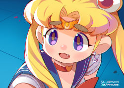 Rule 34 | 1girl, artist name, bishoujo senshi sailor moon, blonde hair, blue sailor collar, choker, chromatic aberration, commentary request, copyright name, crescent, crescent hair ornament, derivative work, fang, hair ornament, happymaoo, heart, heart choker, long hair, meme, open mouth, original, purple eyes, red choker, sailor collar, sailor moon, sailor moon redraw challenge (meme), sailor senshi, sailor senshi uniform, screenshot redraw, solo, thick eyebrows, tsukino usagi, twintails, upper body