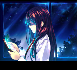 Rule 34 | 1girl, blue eyes, brown hair, cellphone, collared shirt, flip phone, lab coat, letterboxed, long hair, looking at phone, makise kurisu, necktie, night, night sky, phone, profile, shirt, sky, smile, solo, steins;gate, straight hair, sunege, tree, upper body, window
